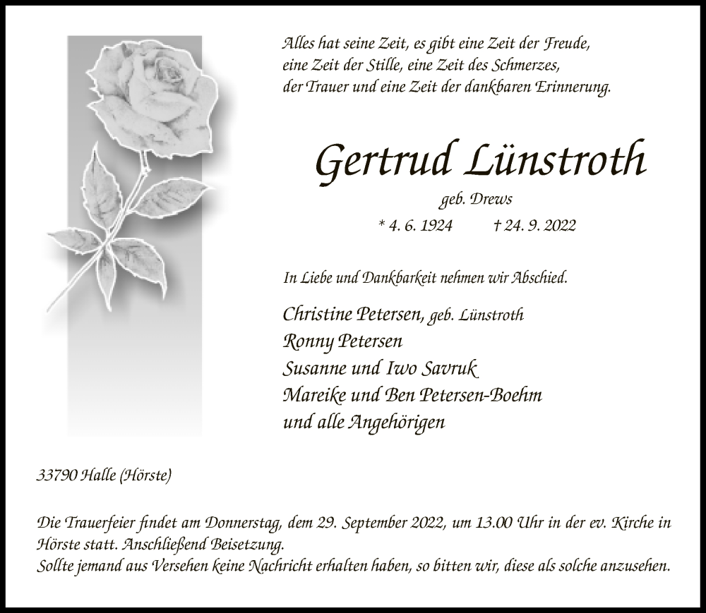  Traueranzeige für Gertrud Lünstroth vom 27.09.2022 aus Neue Westfälische