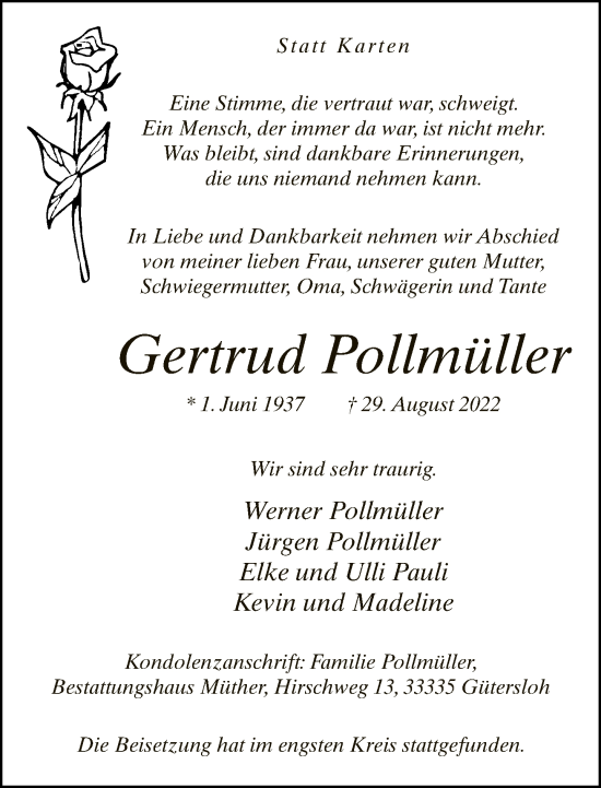 Traueranzeige von Gertrud Pollmüller von Neue Westfälische