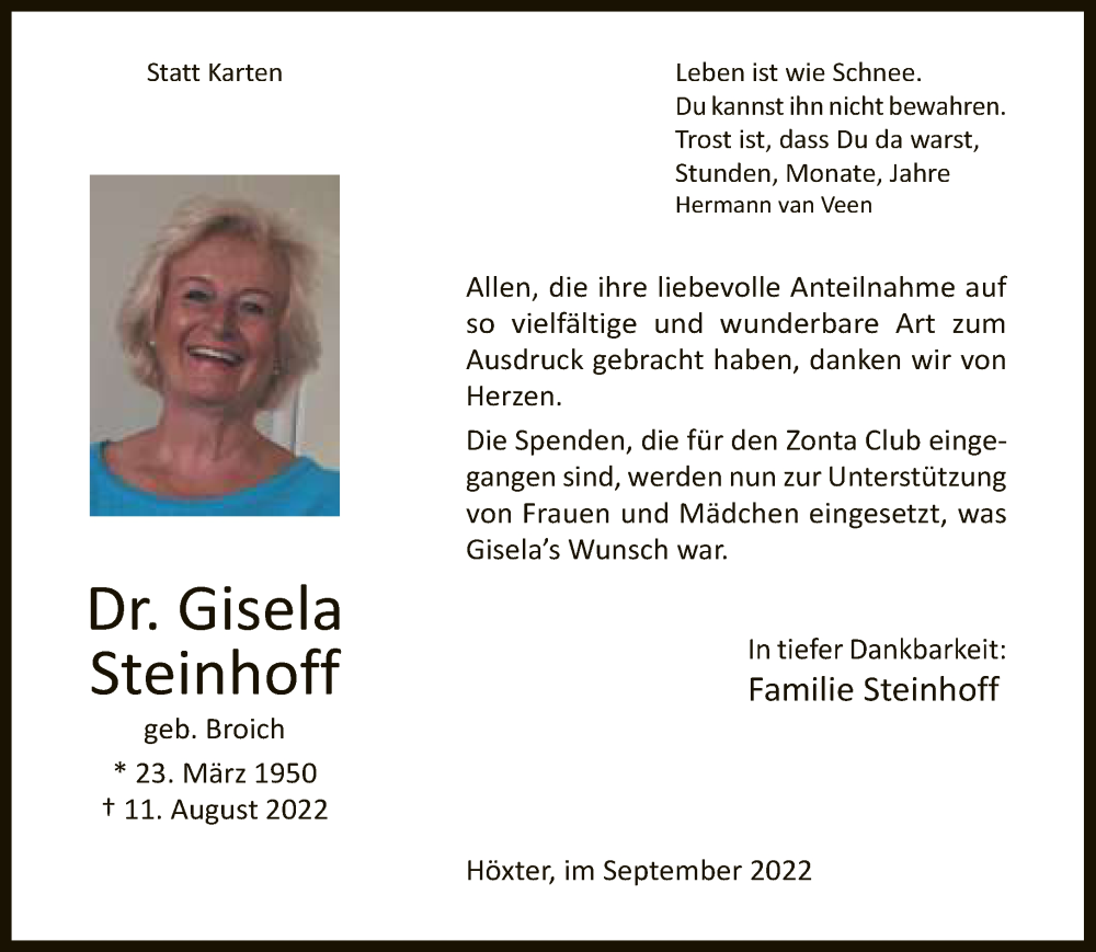  Traueranzeige für Gisela Steinhoff vom 03.09.2022 aus Neue Westfälische