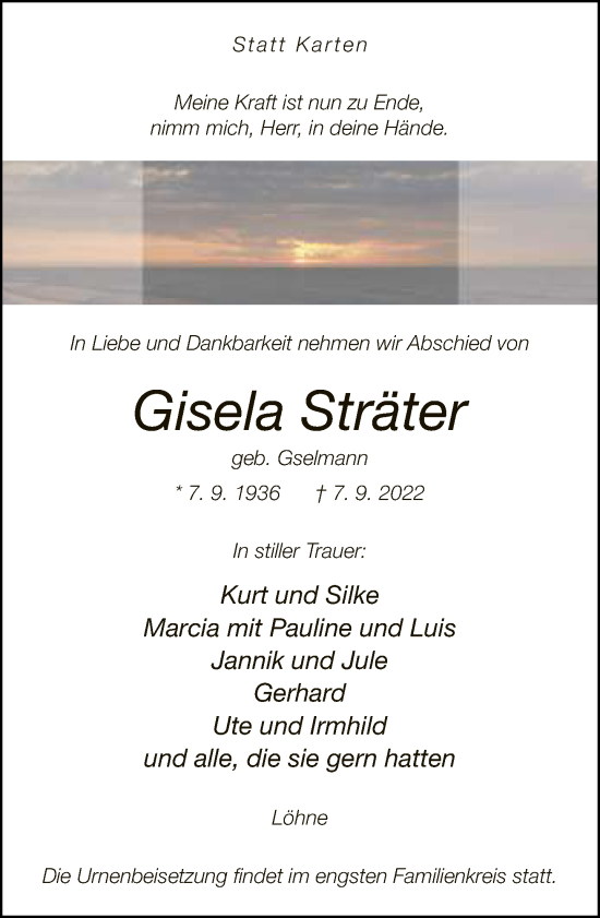 Traueranzeige von Gisela Sträter von Neue Westfälische
