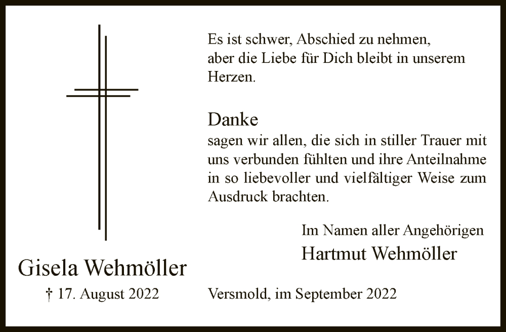  Traueranzeige für Gisela Wehmöller vom 24.09.2022 aus Neue Westfälische