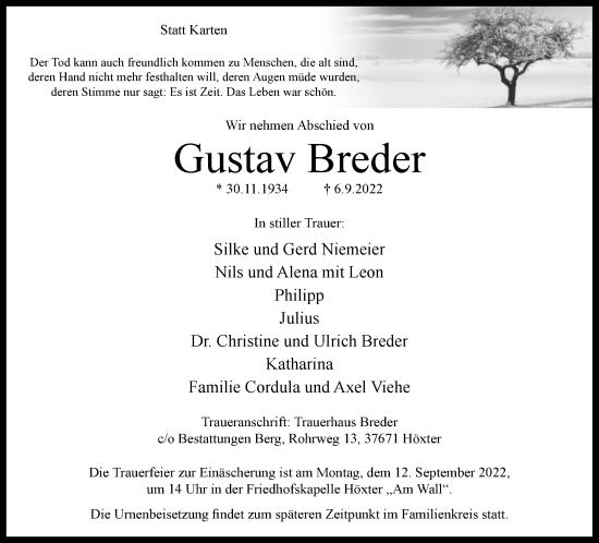 Traueranzeige von Gustav Breder von Neue Westfälische