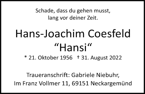 Traueranzeige von Hans-Joachim Coesfeld von Neue Westfälische