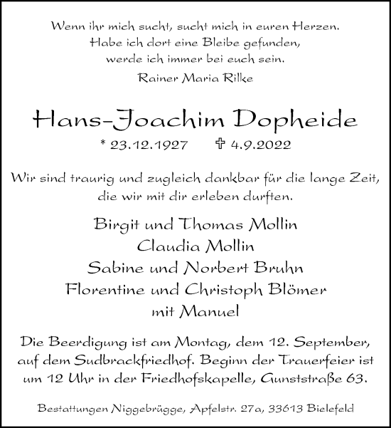 Traueranzeige von Hans-Joachim Dopheide von Neue Westfälische