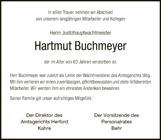Traueranzeige von Hartmut Buchmeyer von Neue Westfälische