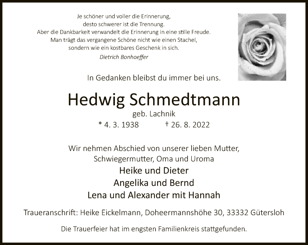  Traueranzeige für Hedwig Schmedtmann vom 21.09.2022 aus Neue Westfälische