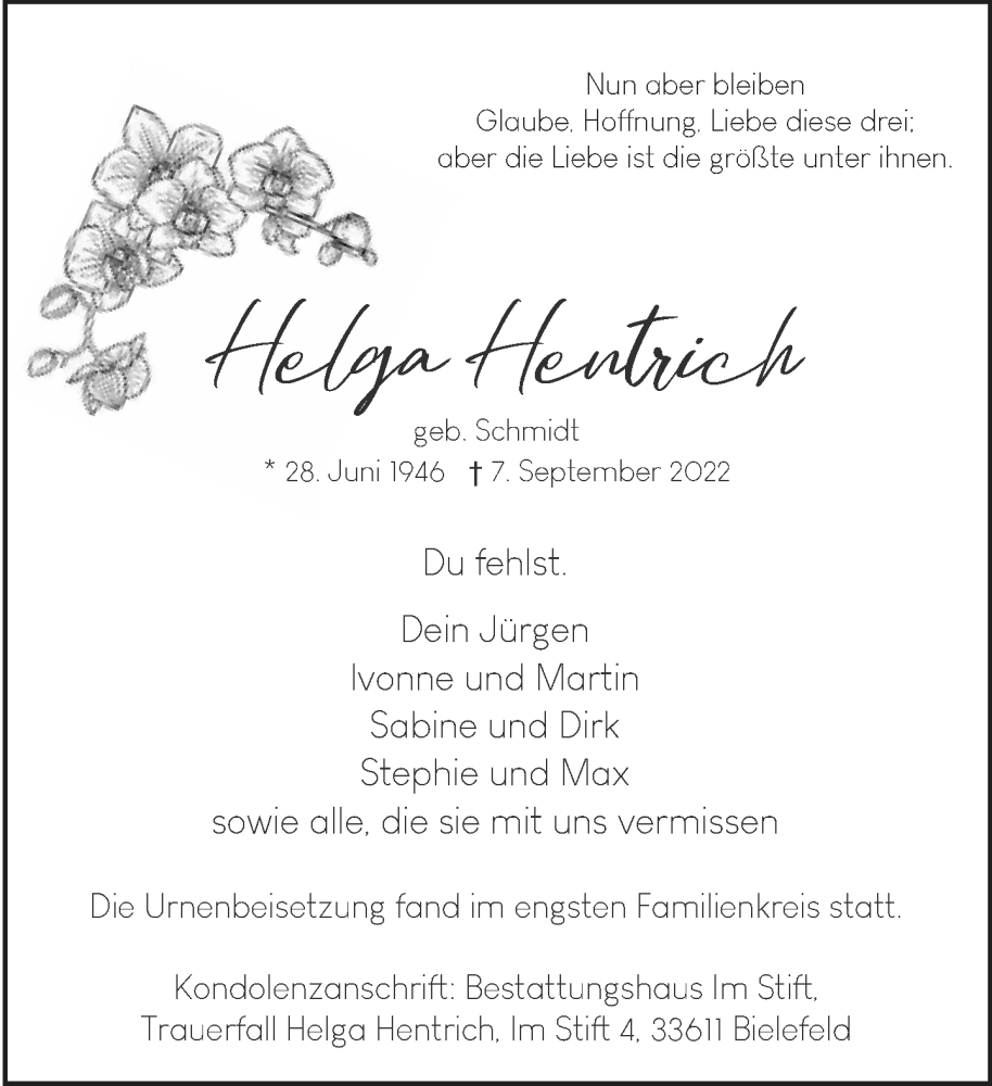  Traueranzeige für Helga Hentrich vom 24.09.2022 aus Neue Westfälische