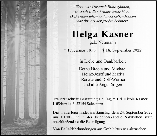 Traueranzeige von Helga Kasner von Neue Westfälische