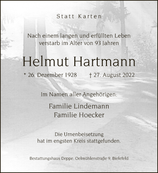 Traueranzeige von Helmut Hartmann von Neue Westfälische