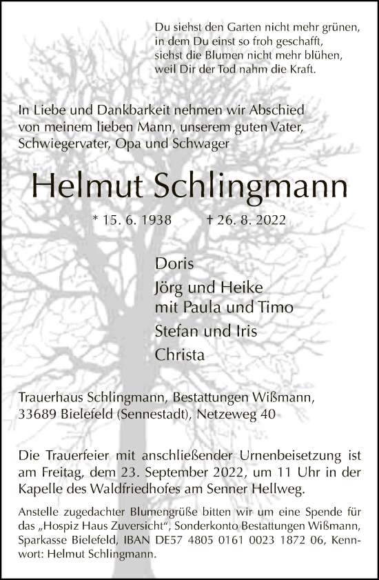 Traueranzeige von Helmut Schlingmann von Neue Westfälische