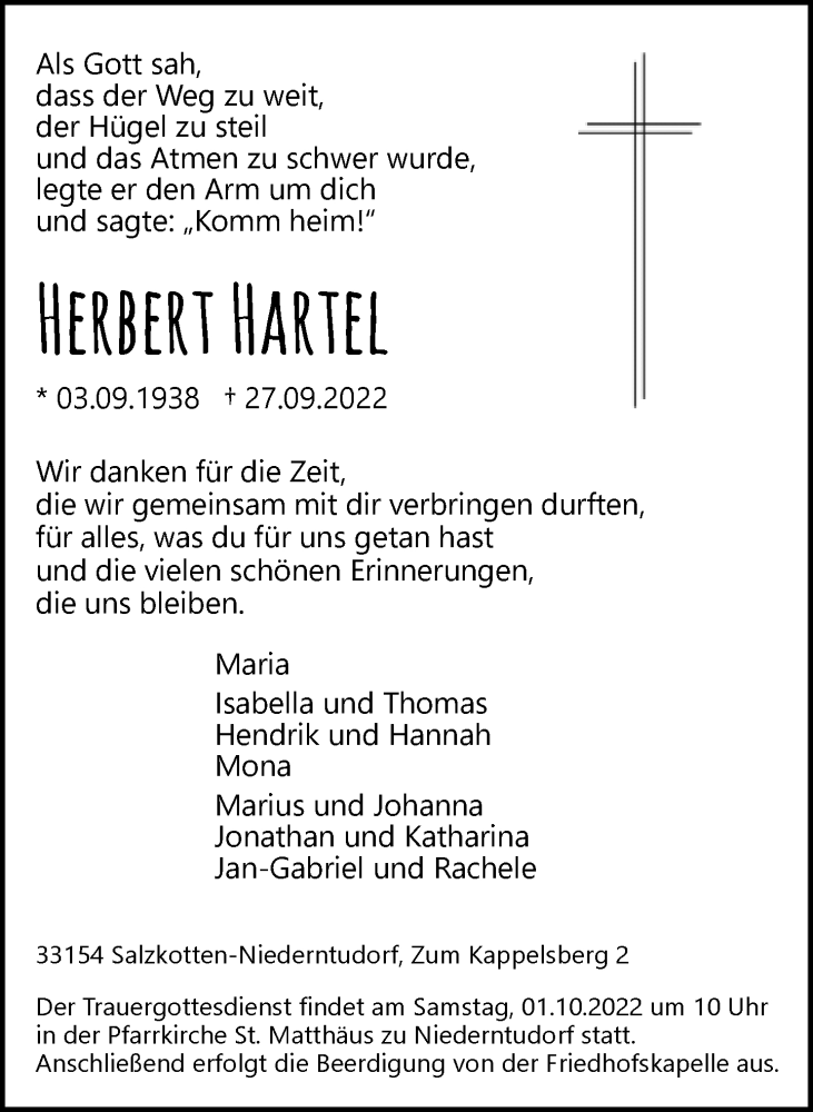  Traueranzeige für Herbert Hartel vom 29.09.2022 aus Neue Westfälische