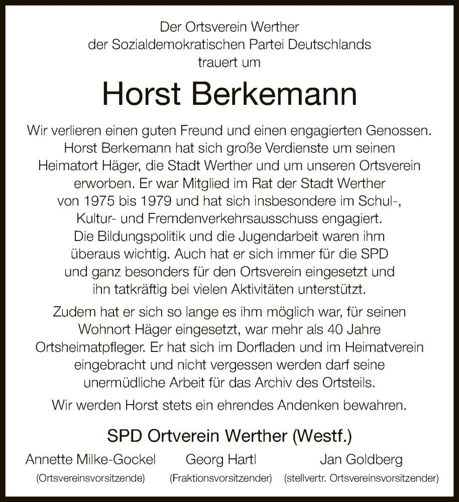  Traueranzeige für Horst Berkemann vom 30.09.2022 aus Neue Westfälische