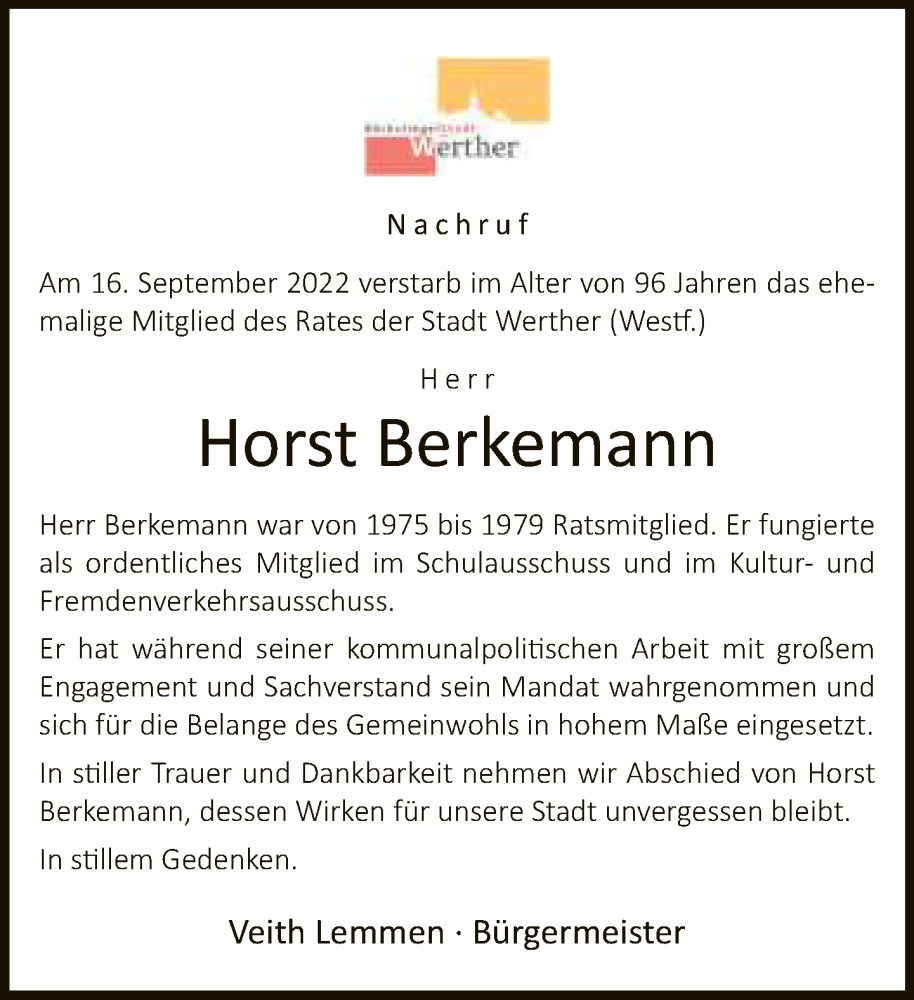  Traueranzeige für Horst Berkemann vom 29.09.2022 aus Neue Westfälische