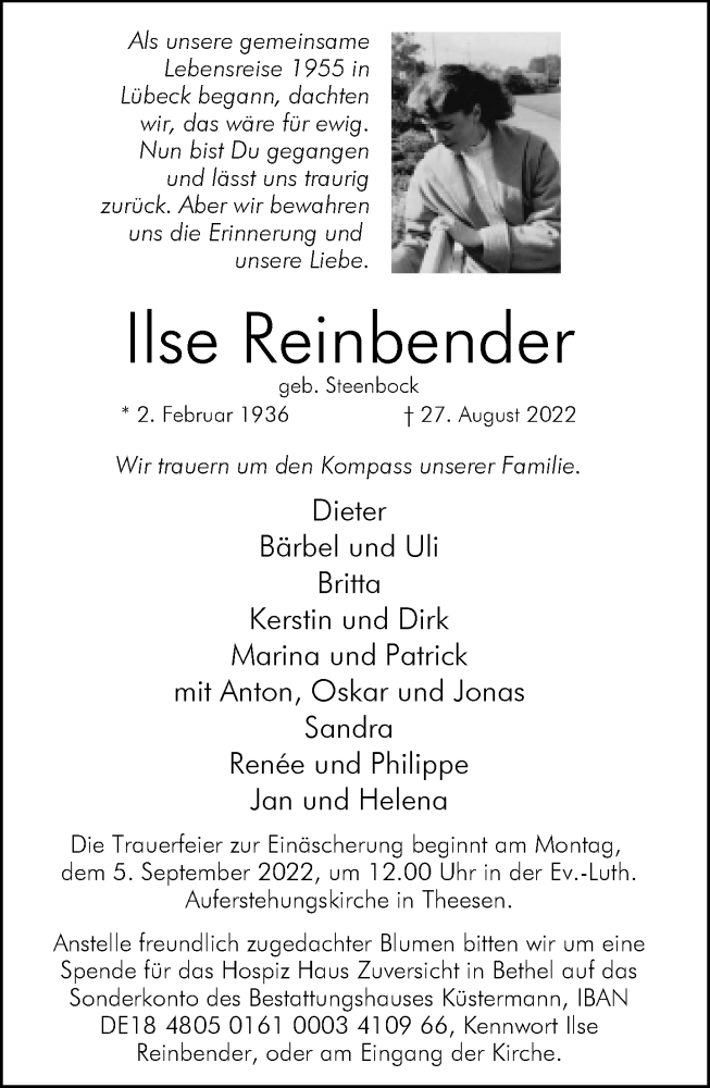  Traueranzeige für Ilse Reinbender vom 03.09.2022 aus Neue Westfälische