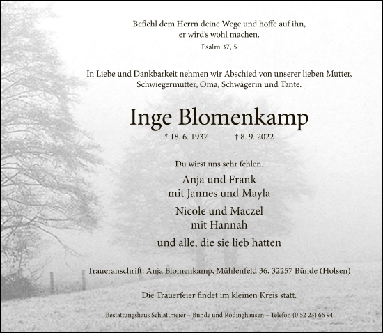 Traueranzeige von Inge Blomenkamp von Neue Westfälische