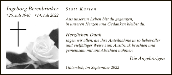 Traueranzeige von Ingeborg Berenbrinker von Neue Westfälische