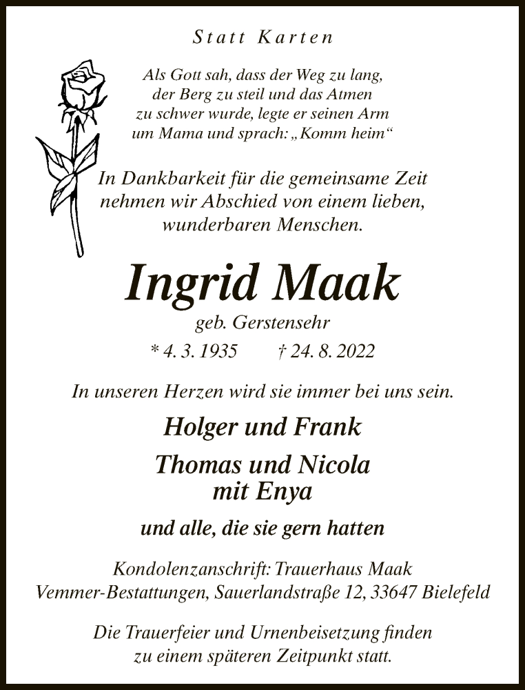  Traueranzeige für Ingrid Maak vom 03.09.2022 aus Neue Westfälische