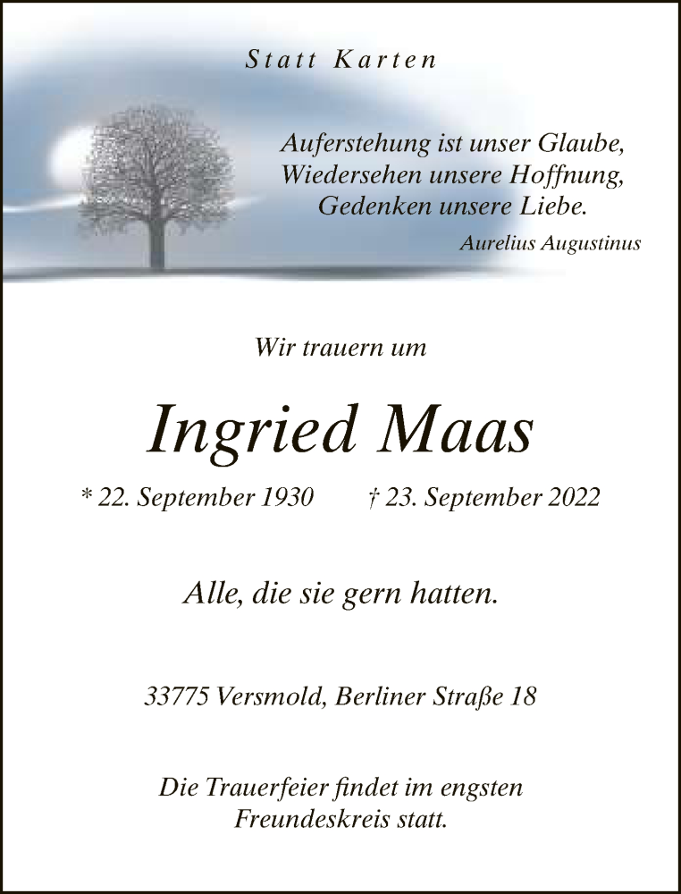  Traueranzeige für Ingried Maas vom 27.09.2022 aus Neue Westfälische