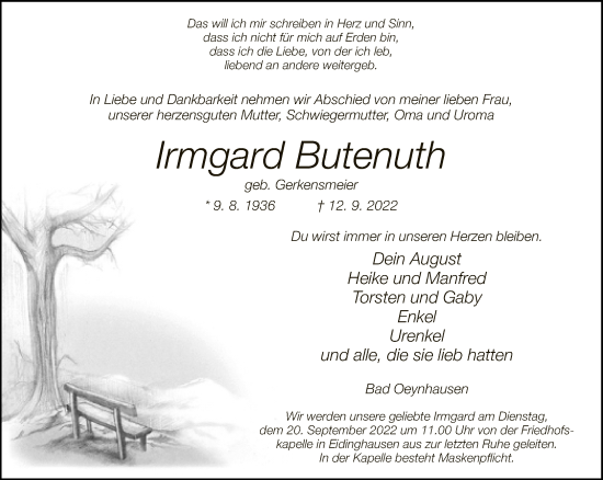 Traueranzeige von Irmgard Butenuth von Neue Westfälische