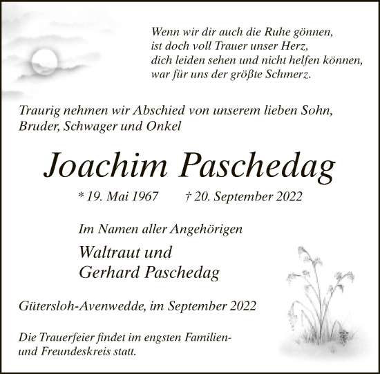 Traueranzeige von Joachim Paschedag von Neue Westfälische