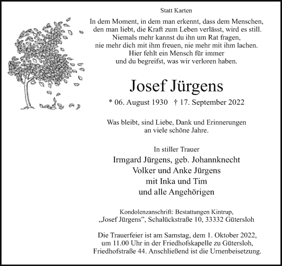 Traueranzeige von Josef Jürgens von Neue Westfälische