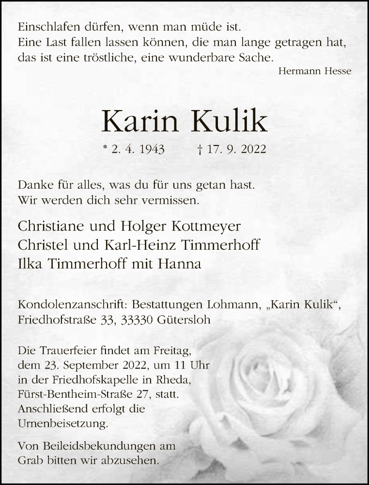  Traueranzeige für Karin Kulik vom 20.09.2022 aus Neue Westfälische