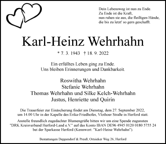 Traueranzeige von Karl-Heinz Wehrhahn von Neue Westfälische