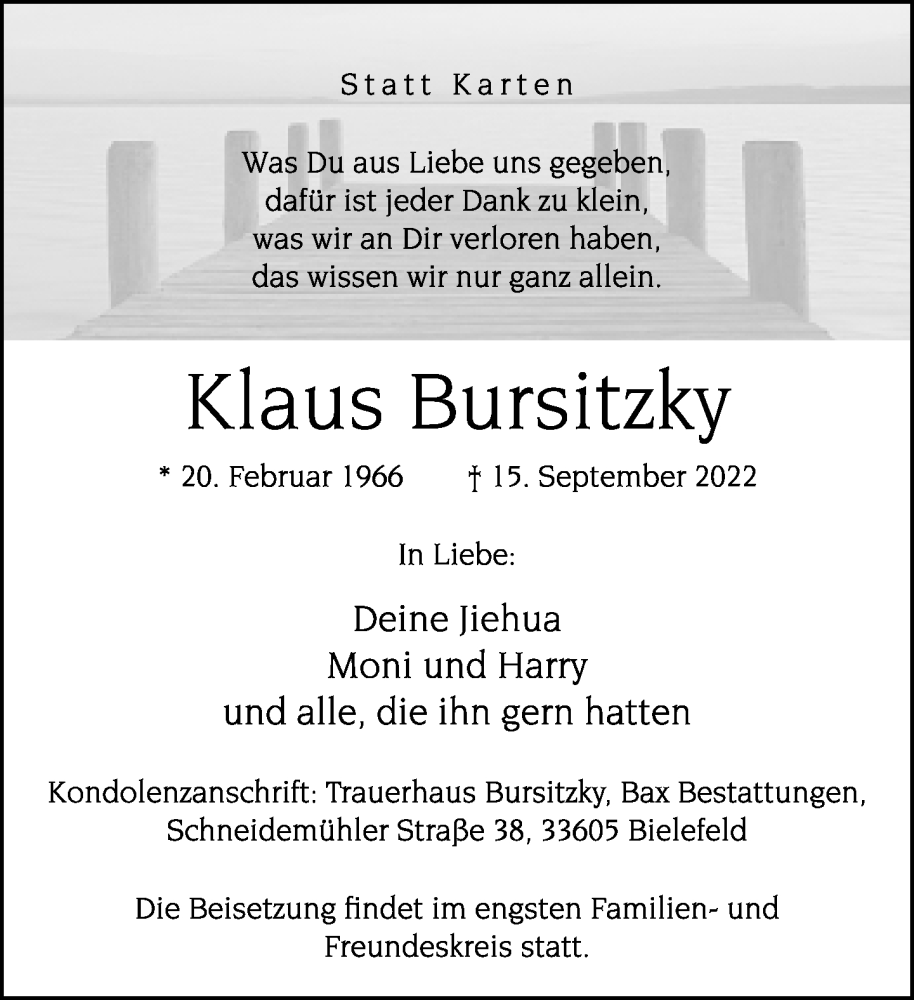  Traueranzeige für Klaus Bursitzky vom 24.09.2022 aus Neue Westfälische