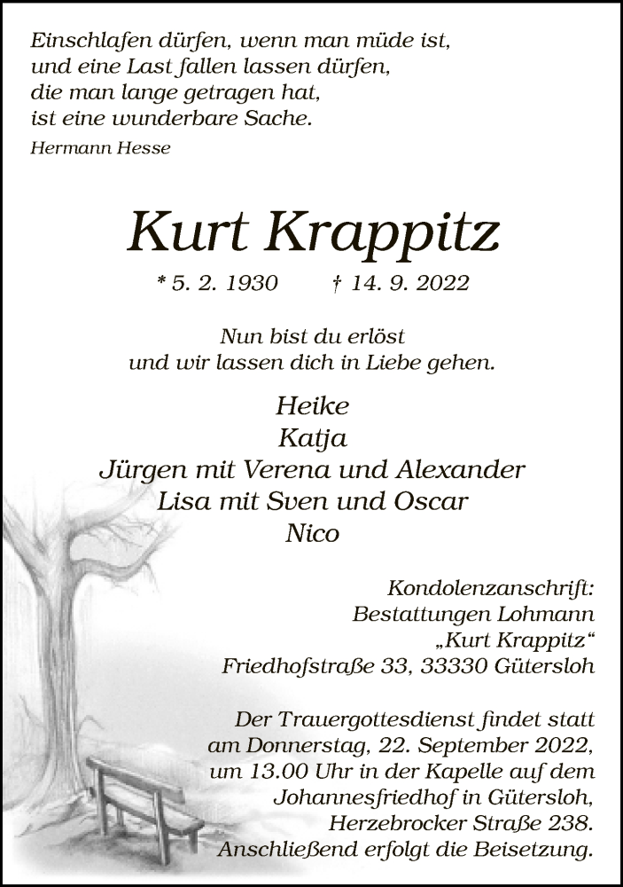  Traueranzeige für Kurt Krappitz vom 17.09.2022 aus Neue Westfälische