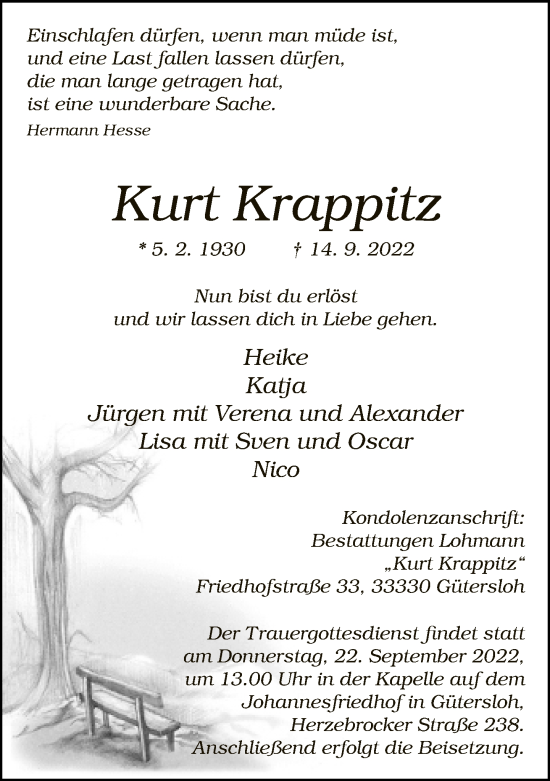 Traueranzeige von Kurt Krappitz von Neue Westfälische