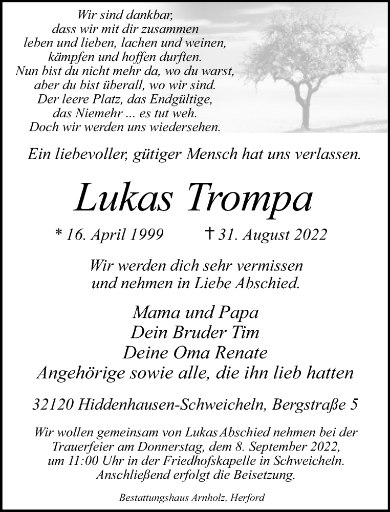 Traueranzeige für Lukas Trompa vom 03.09.2022 aus Neue Westfälische