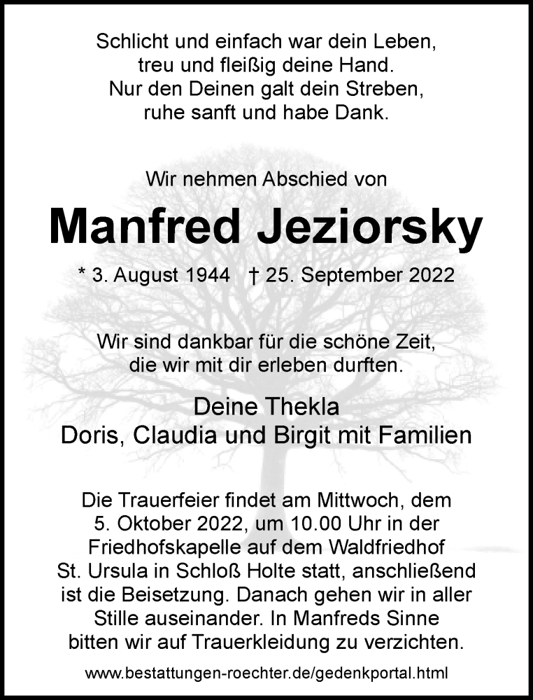  Traueranzeige für Manfred Jeziorsky vom 29.09.2022 aus Neue Westfälische