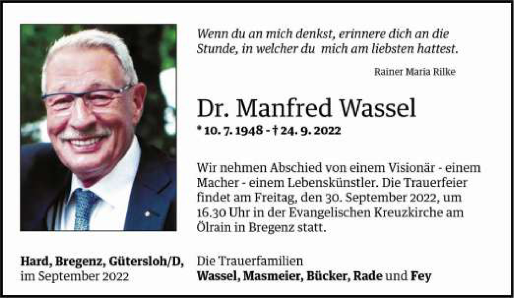  Traueranzeige für Manfred Wassel vom 28.09.2022 aus Neue Westfälische