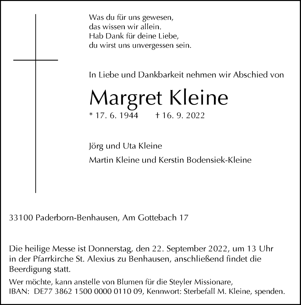  Traueranzeige für Margret Kleine vom 20.09.2022 aus Neue Westfälische
