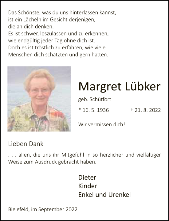 Traueranzeige von Margret Lübker von Neue Westfälische