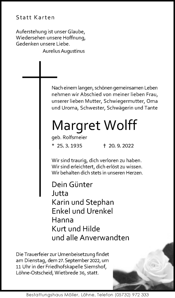  Traueranzeige für Margret Wolff vom 22.09.2022 aus Neue Westfälische
