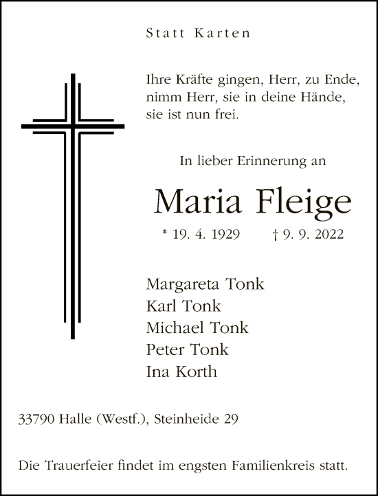 Traueranzeige von Maria Fleige von Neue Westfälische