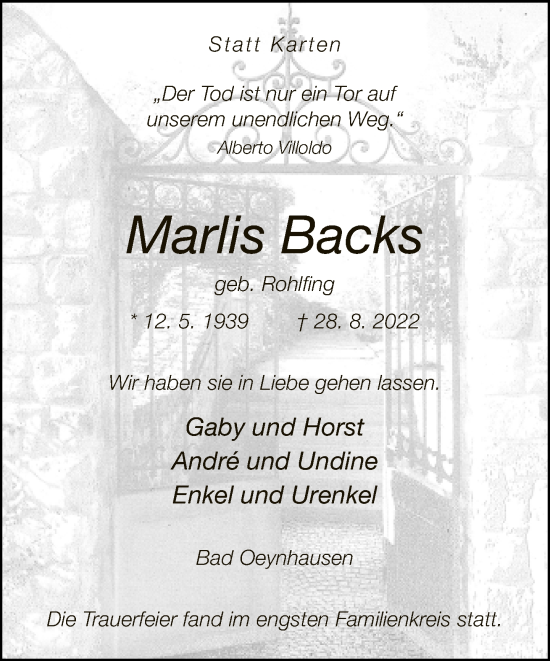 Traueranzeige von Marlis Backs von Neue Westfälische