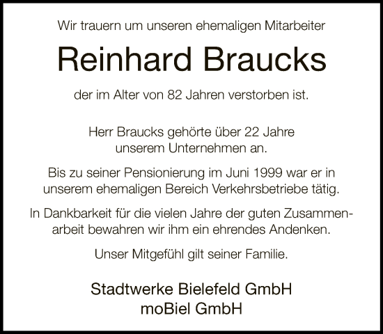 Traueranzeige von Reinhard Braucks von Neue Westfälische