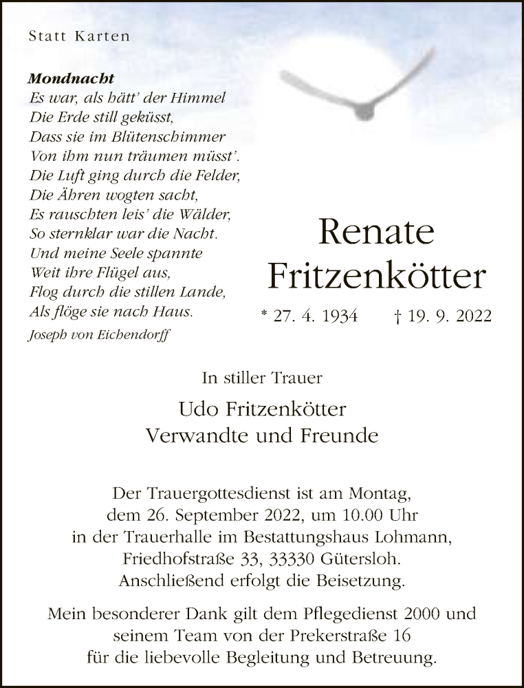  Traueranzeige für Renate Fritzenkötter vom 24.09.2022 aus Neue Westfälische