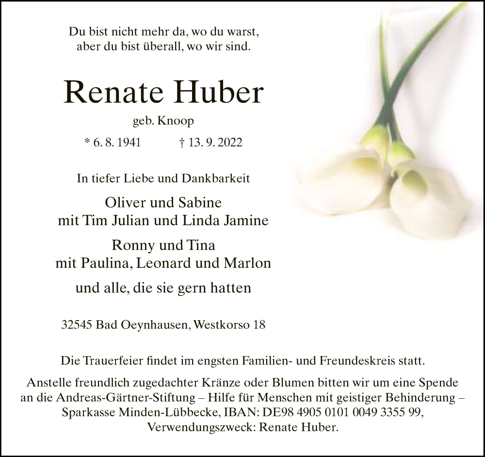  Traueranzeige für Renate Huber vom 17.09.2022 aus Neue Westfälische