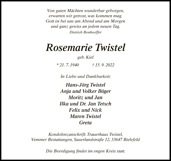 Traueranzeige von Rosemarie Twistel von Neue Westfälische