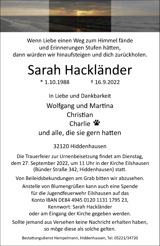  Traueranzeige für Sarah Hackländer vom 23.09.2022 aus Neue Westfälische