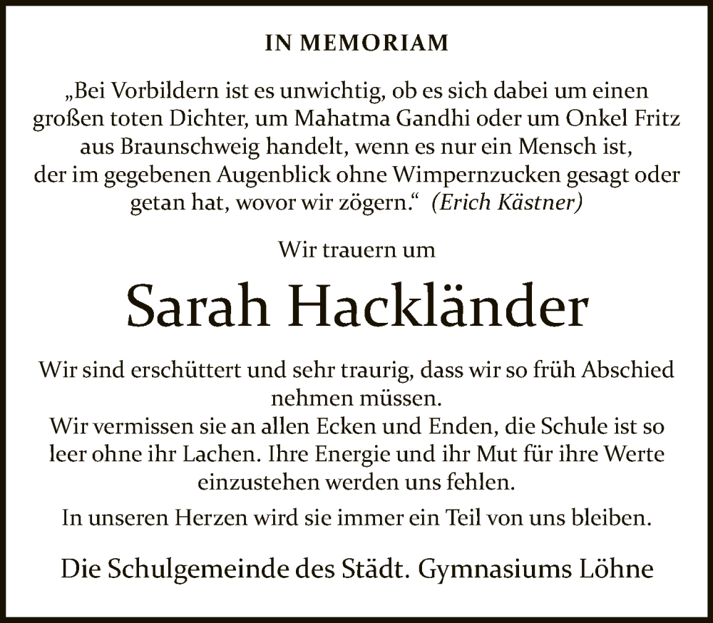  Traueranzeige für Sarah Hackländer vom 24.09.2022 aus Neue Westfälische