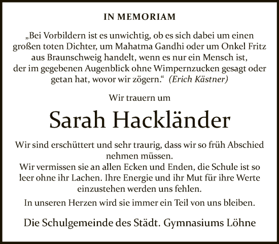 Traueranzeige von Sarah Hackländer von Neue Westfälische