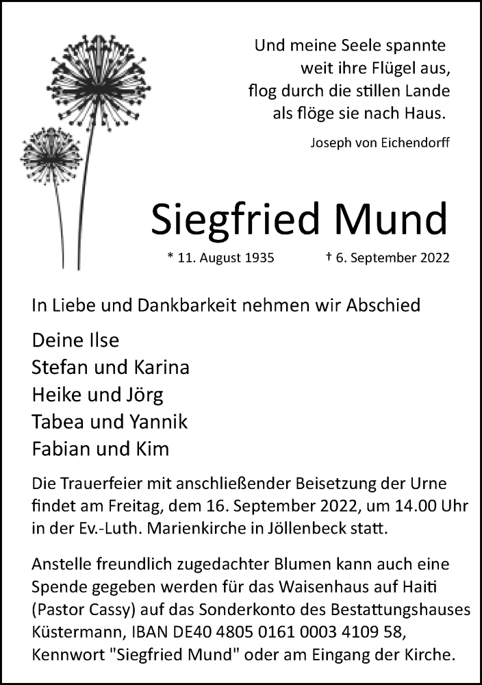  Traueranzeige für Siegfried Mund vom 10.09.2022 aus Neue Westfälische