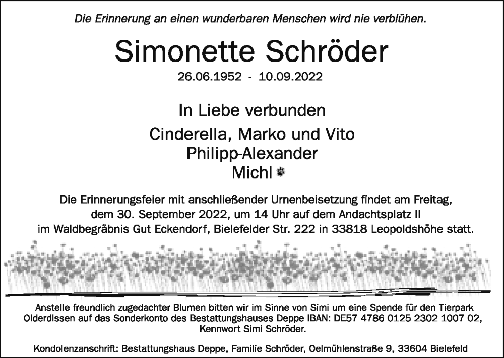  Traueranzeige für Simonette Schröder vom 24.09.2022 aus Neue Westfälische
