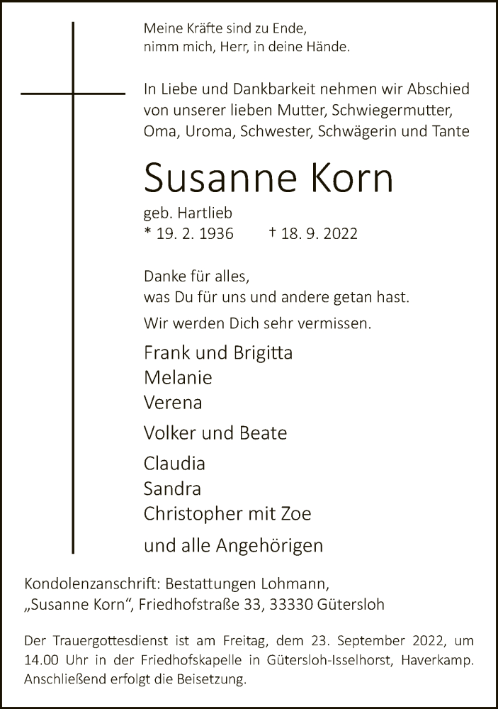  Traueranzeige für Susanne Korn vom 21.09.2022 aus Neue Westfälische