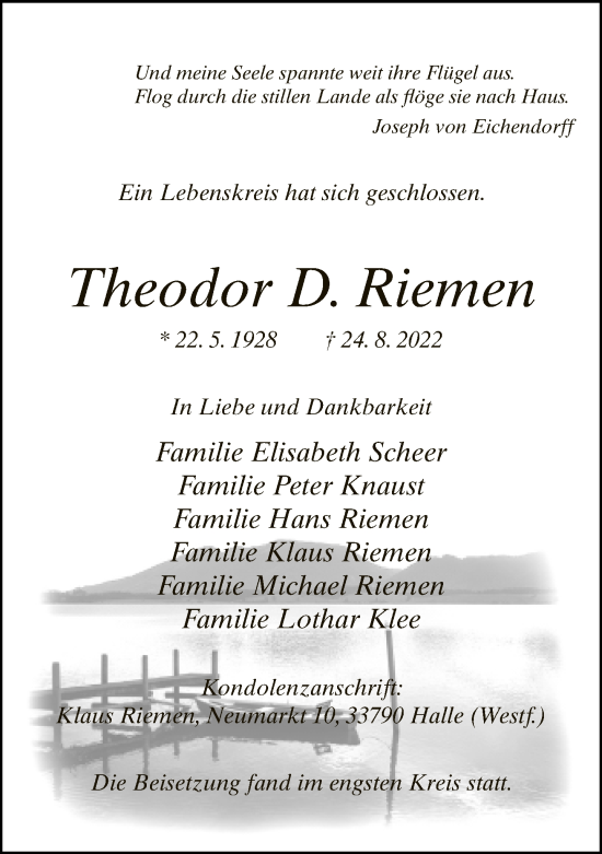 Traueranzeige von Theodor D. Riemen von Neue Westfälische