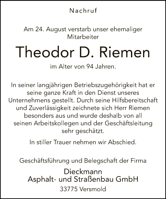 Traueranzeige von Theodor D. Riemen von Neue Westfälische